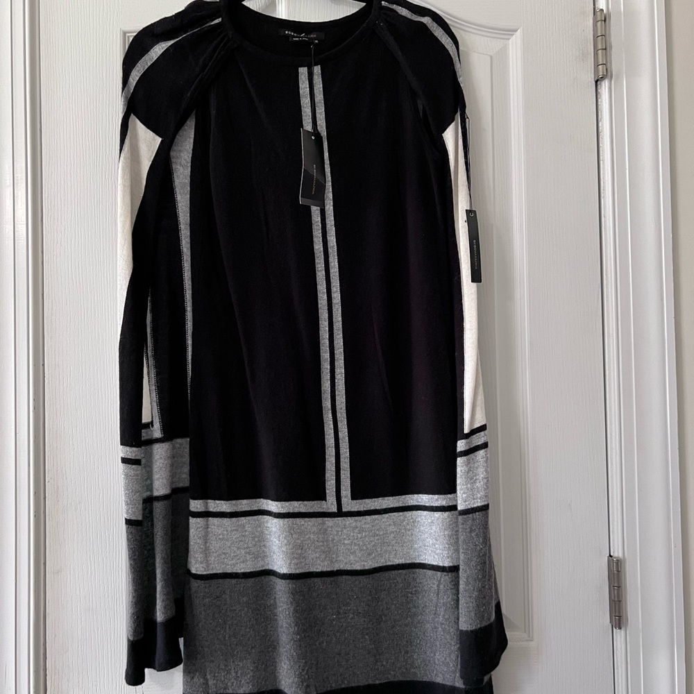 BCBG knit block print dress. Cape is attached to sleeveless dress. see photos